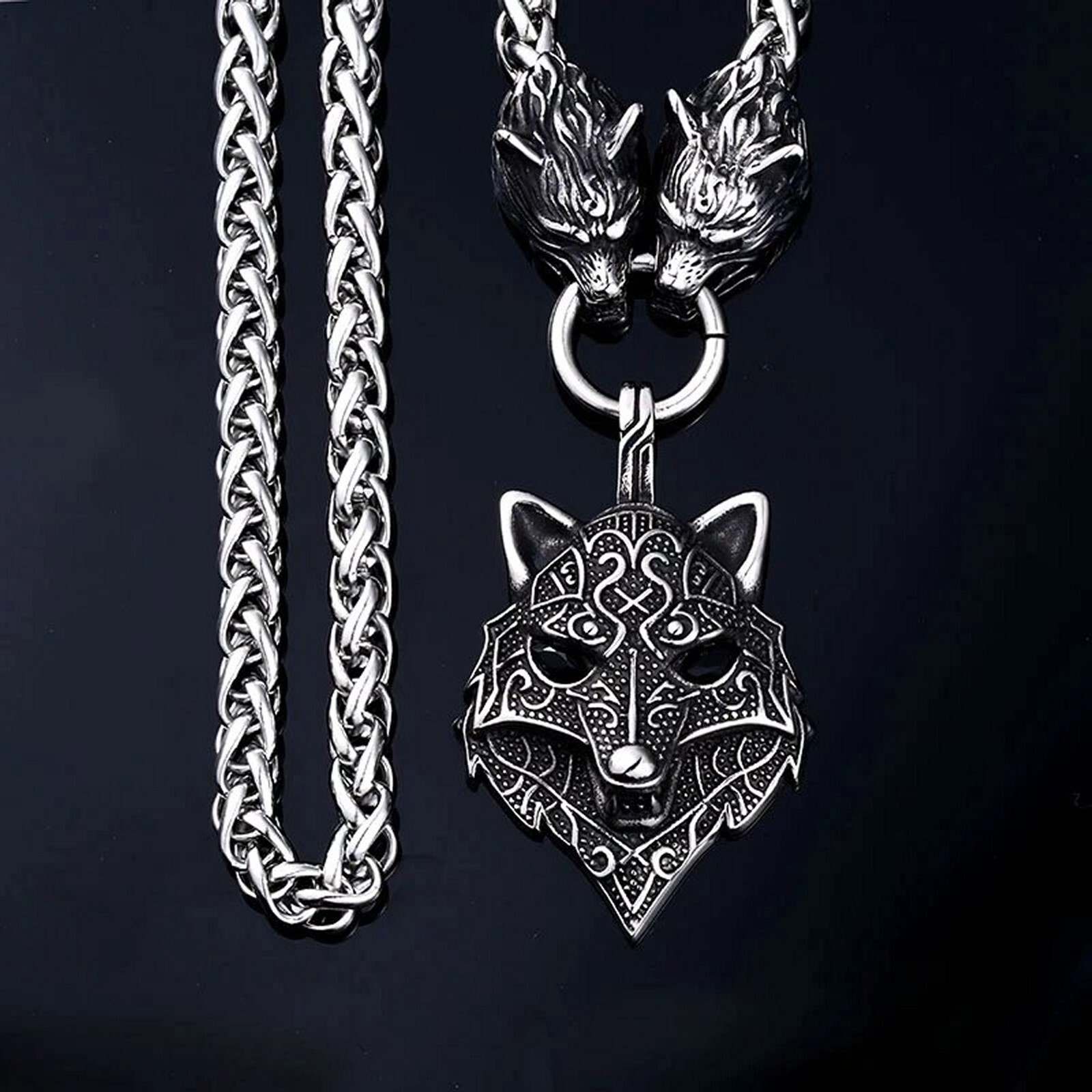 Large Viking Fenrir Wolf Necklace Stainless Steel Geri Freki Wolves Wheat Chain