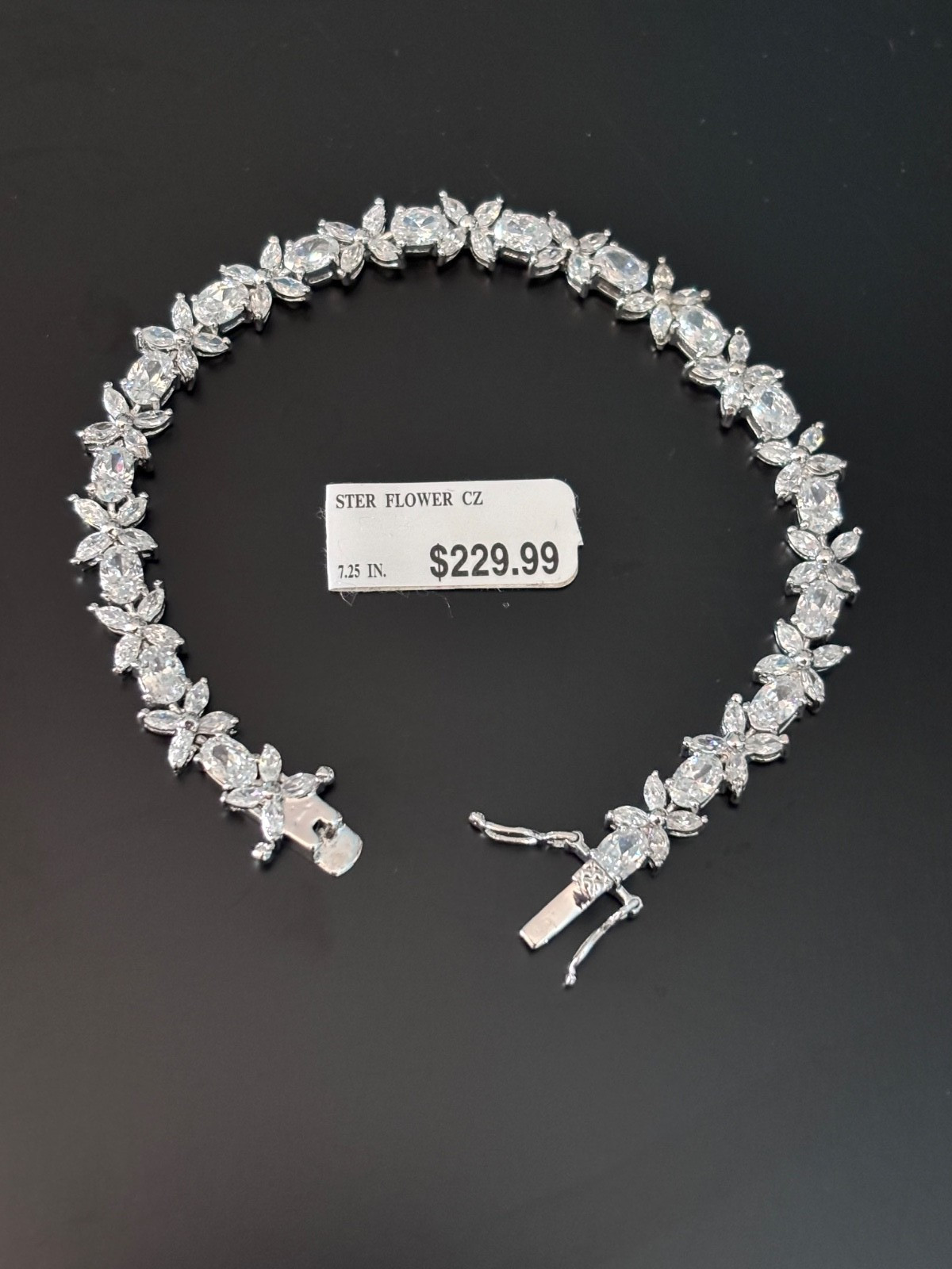 VTG Sterling Silver Bracelet Flower Oval Clear CZ 7.25 inches (Plus Necklace)