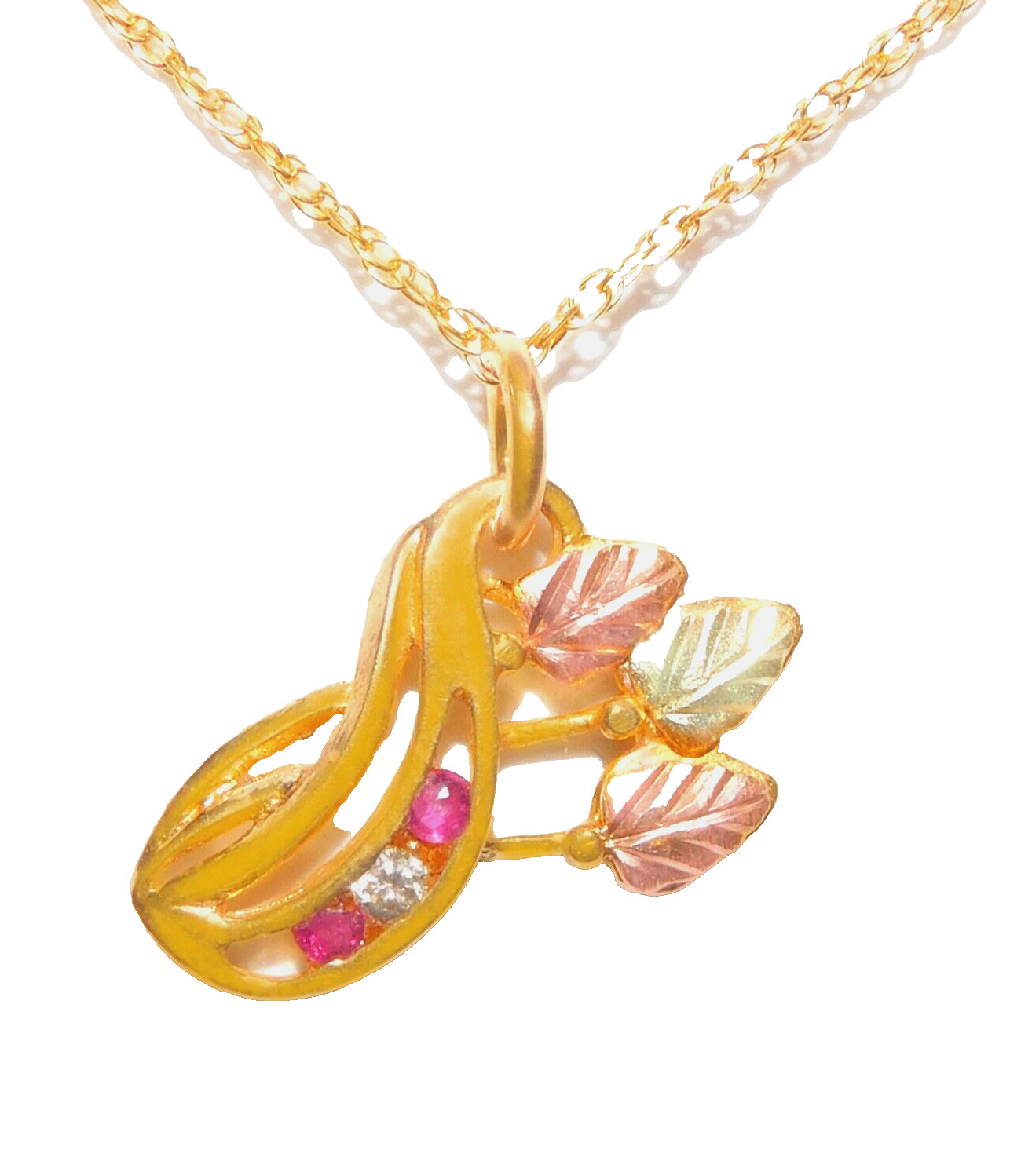 Black Hills Gold 10k Ruby Diamond Accent Leaves Pendant
