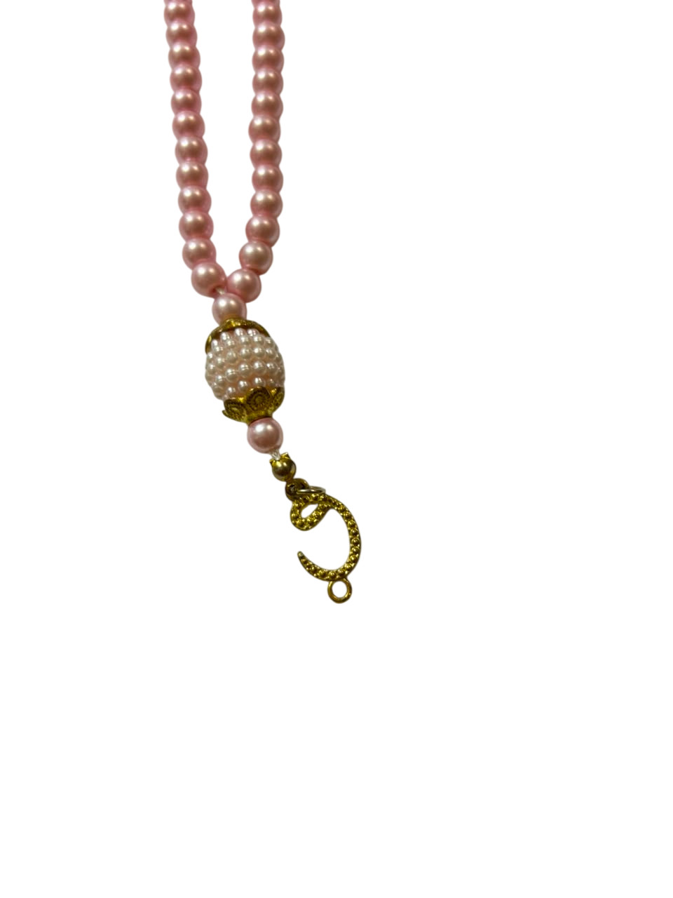 Vintage Pink Pearl Bead Necklace Gold Crescent Moon Charm Long Thread Strand