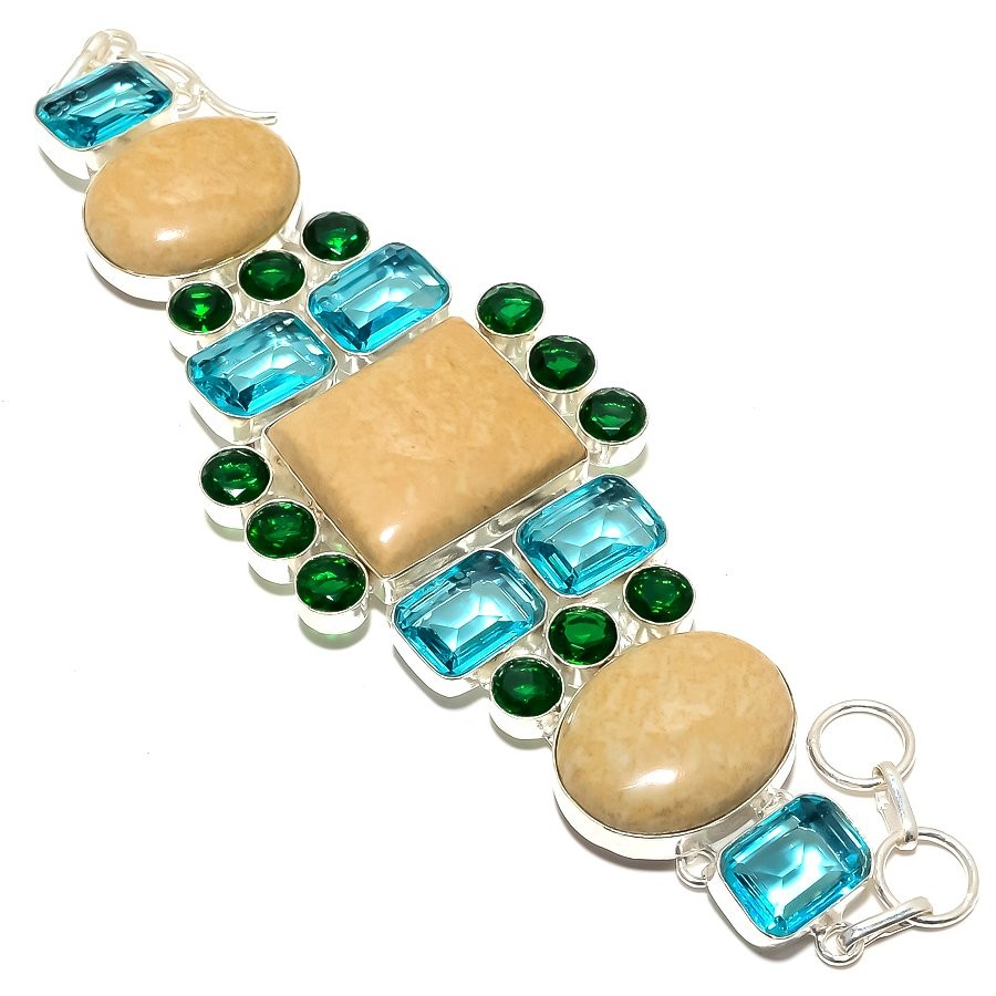 Natural Picture Jasper & Blue Topaz Gemstone 925 Silver Plated Bracelet 7-8″ T