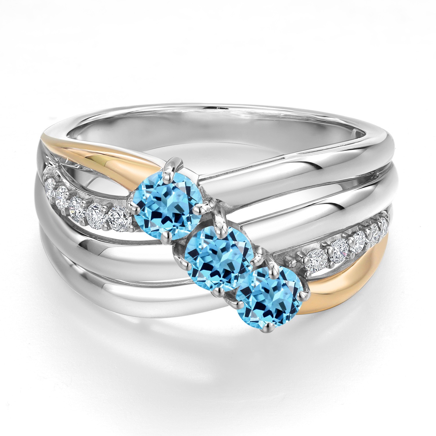 925 Silver and 10K Yellow Gold Swiss Blue Topaz and Lab Grown Diamond