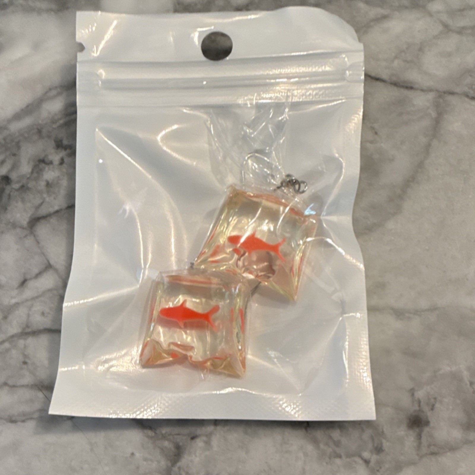 Resin Square Fish in Bag Dangle/Drop Earrings Clear Orange Hook Closure NEW