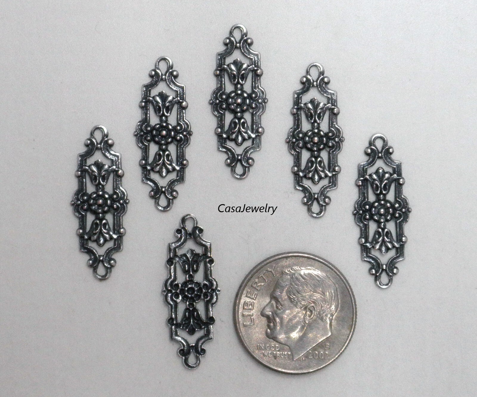 #3454 ANTIQUED STERLING SILVER PLATED FILIGREE & FLORAL 2-RING CONNECTOR – 12 Pc