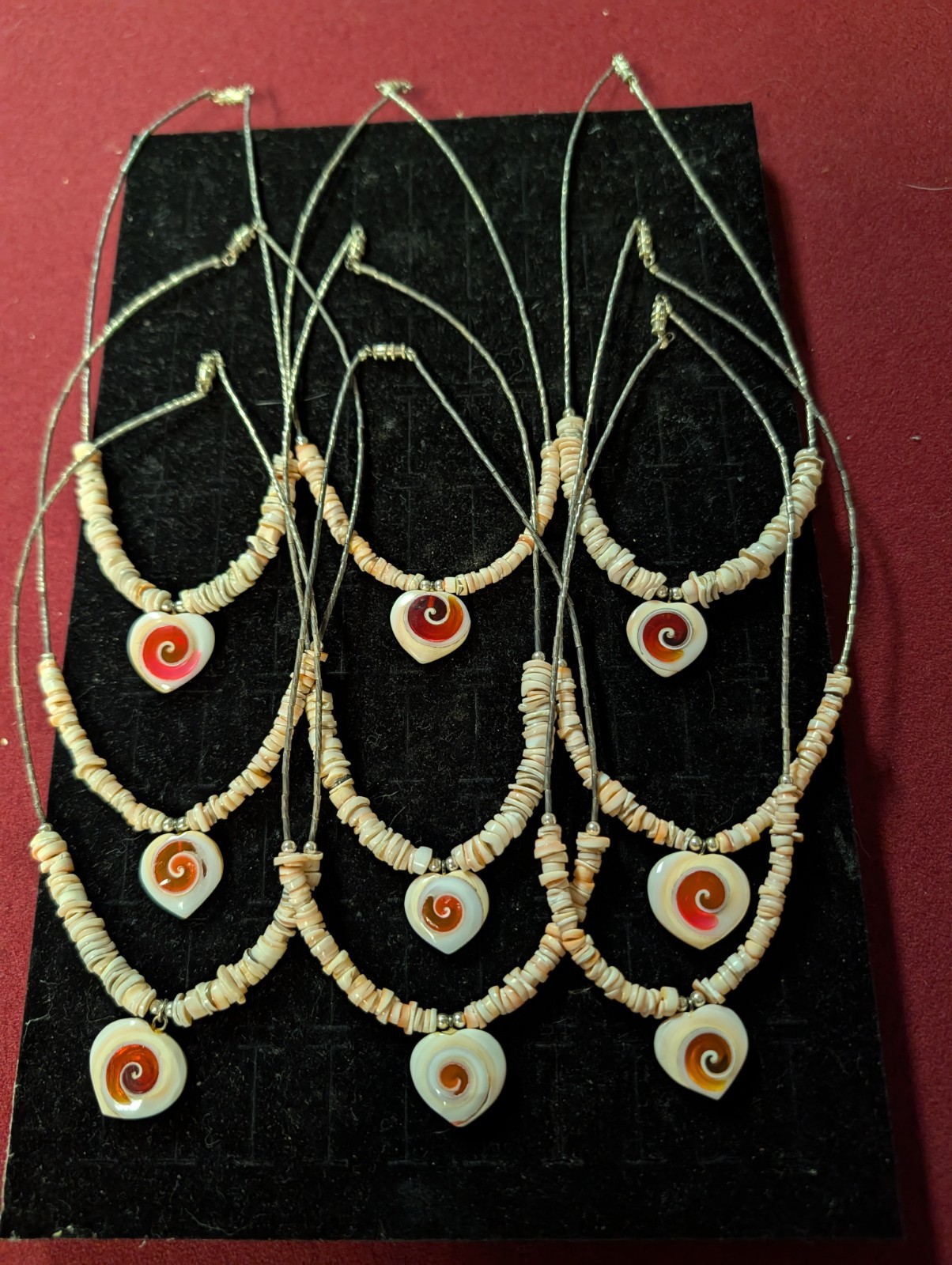 Lot of 10 Puka Shell Beaded Cord Necklaces with Heart Pendant Adjustable Lobster