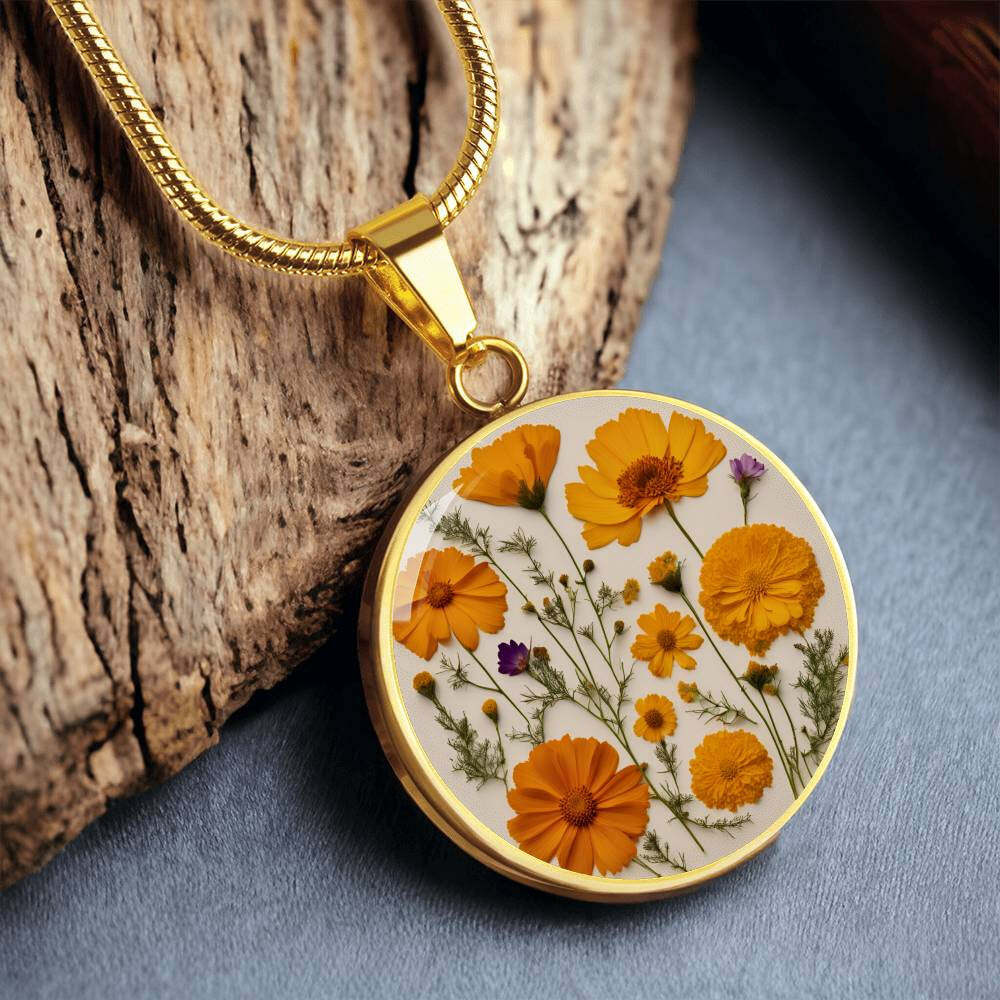 October Birth Month Flower Necklace Marigolds and Cosmos Pendant