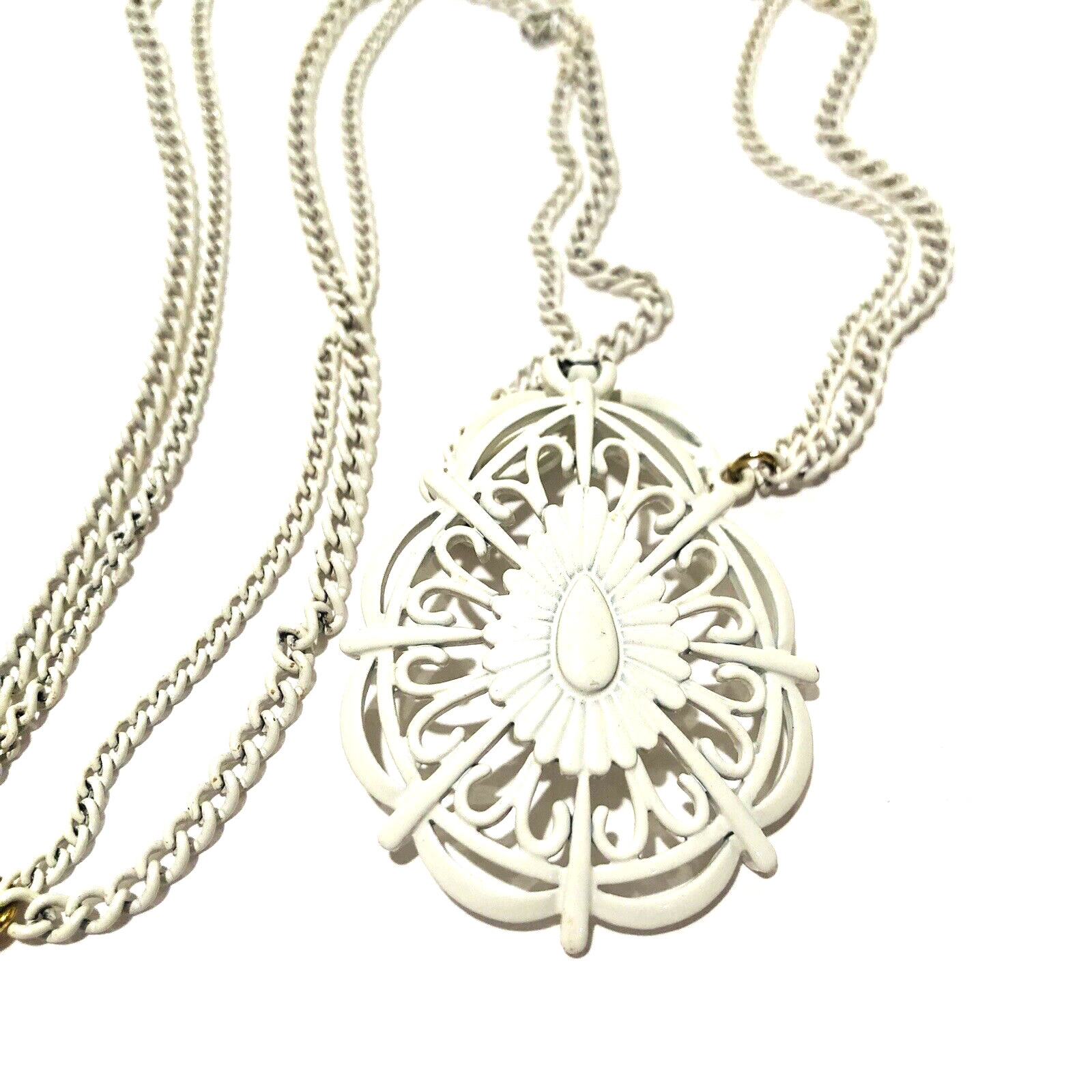 White Metal Necklace Pendant 25 in Gold Tone Clasp Boho Vintage Costume Jewelry