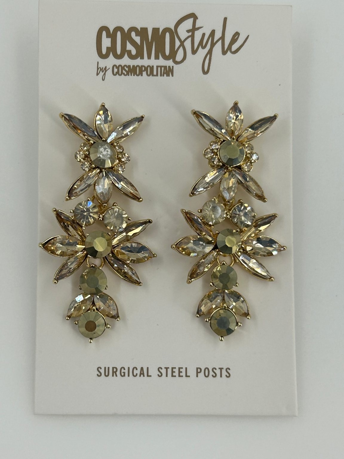 CosmoStyle Floral Drop Earrings 2.25in Gold Tone Clear Crystals