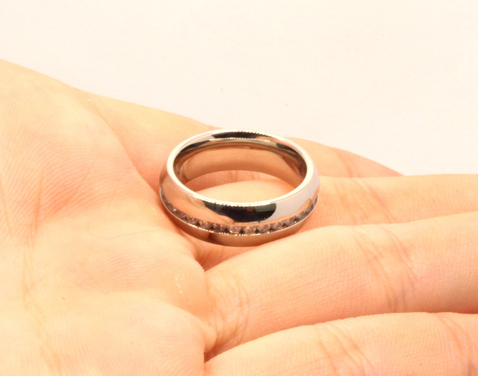 Stainless Steel Plain High Polished Domed 2mm CZ Eternity Wedding Band Ring 7mm