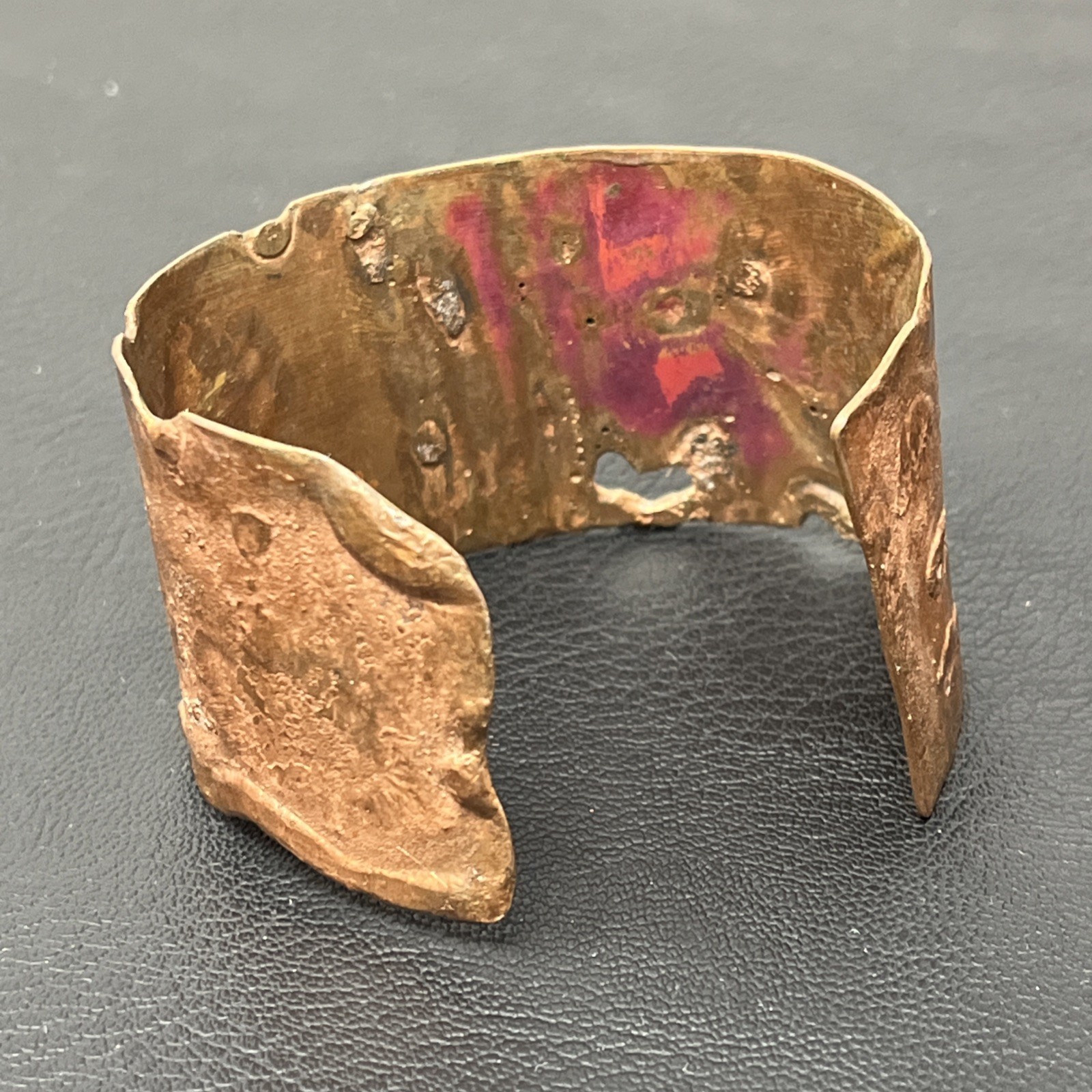 Copper Cuff Bracelet Artisan Heart stamp brutalist 1.5″ wide