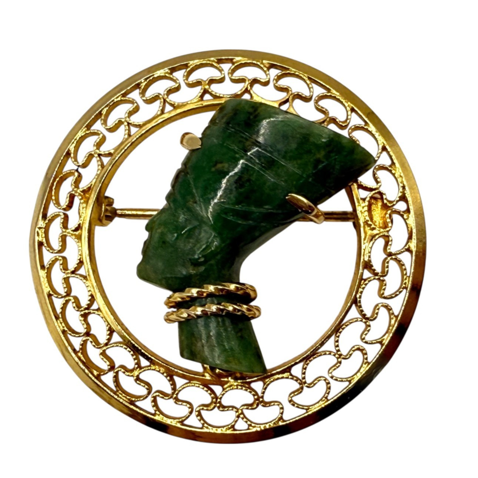 Vintage Brooch Burt Cassell Jade Egyptian Figural Pin 12k GF Round Ornate Estate