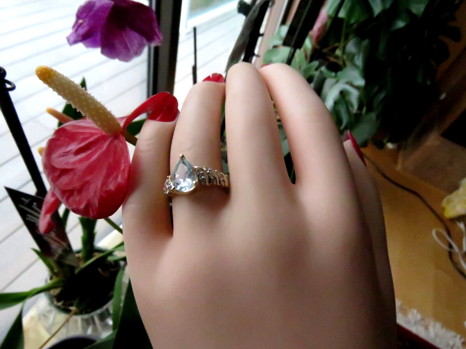 Solid 14k Yellow Gold Big 10 x7 Aquamarine 18 Diamonds Cocktail Ring 6.5 * 5.7gr