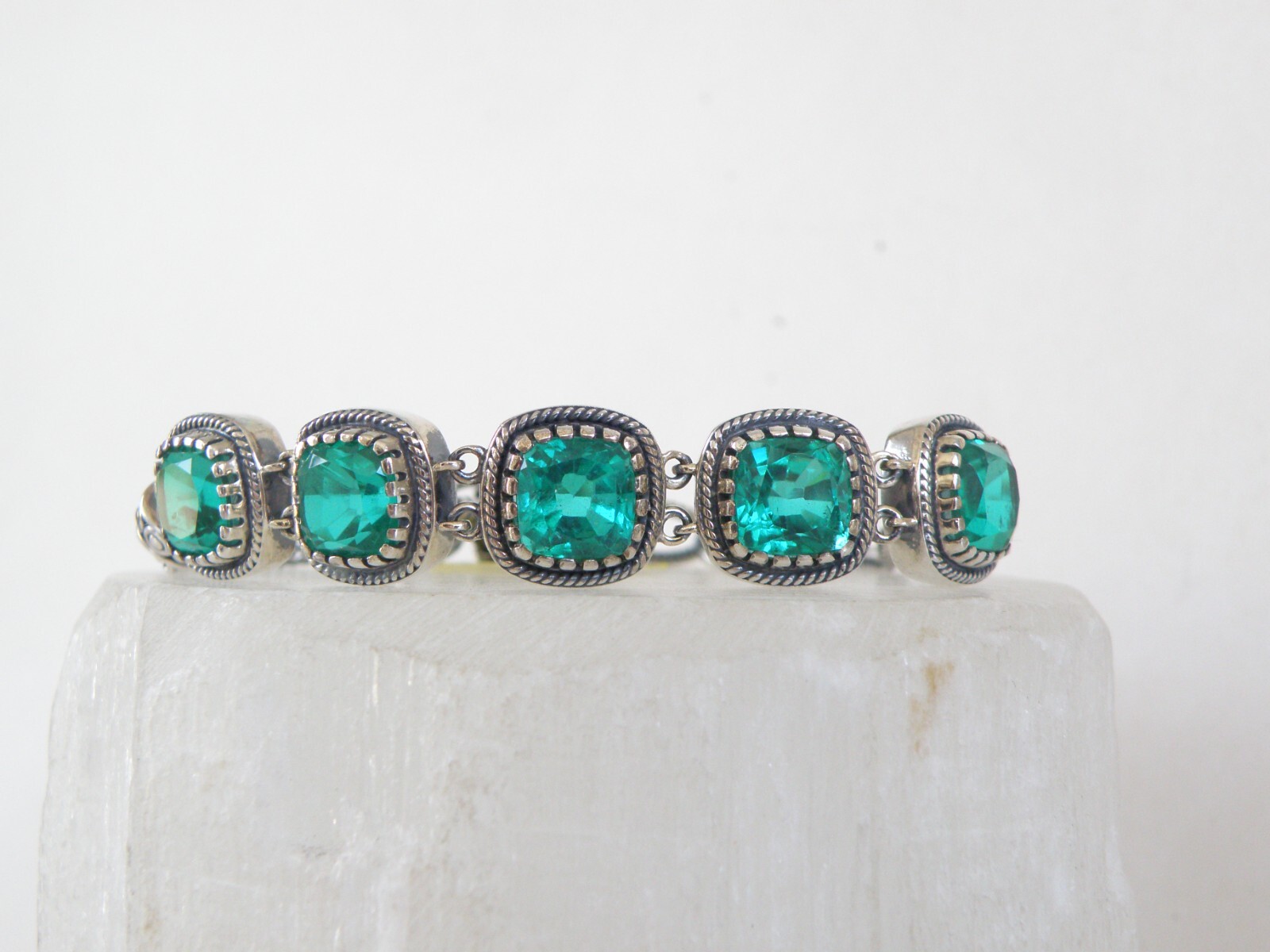Sterling Silver 925 Green Fluorite Gemstone Tennis Station Bracelet