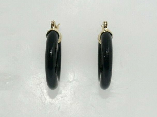 Black Onyx 4.5 x 25.0 mm Hoop Earrings 14k Yellow Gold
