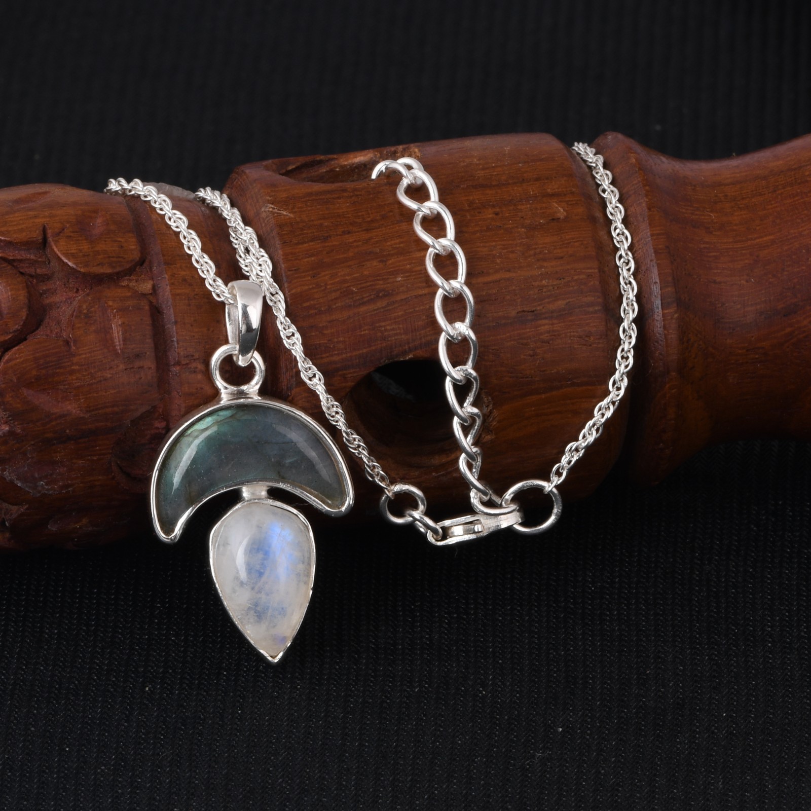 925 Sterling Silver Labradorite & Moonstone Necklace Crescent Jewelry for Gift