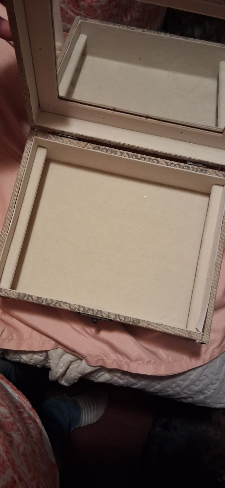 Pier 1 Imports Beige Map Print Rectangular Lined Jewelry Box Fabric Metal 10.5″