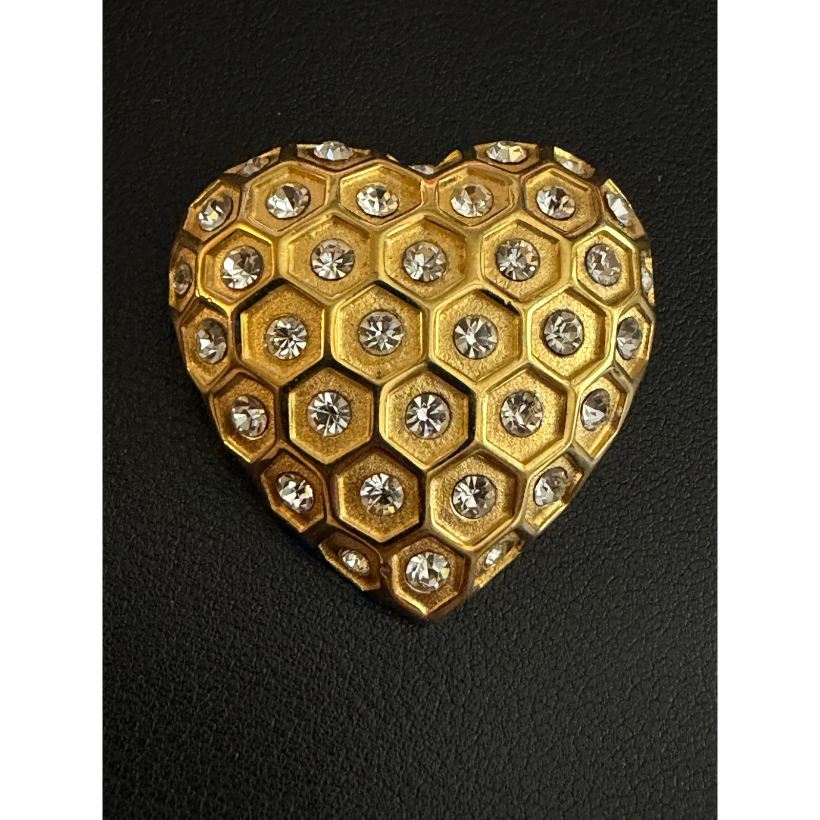 Vintage Rhinestone Brooch Heart Honeycomb Gold Tone
