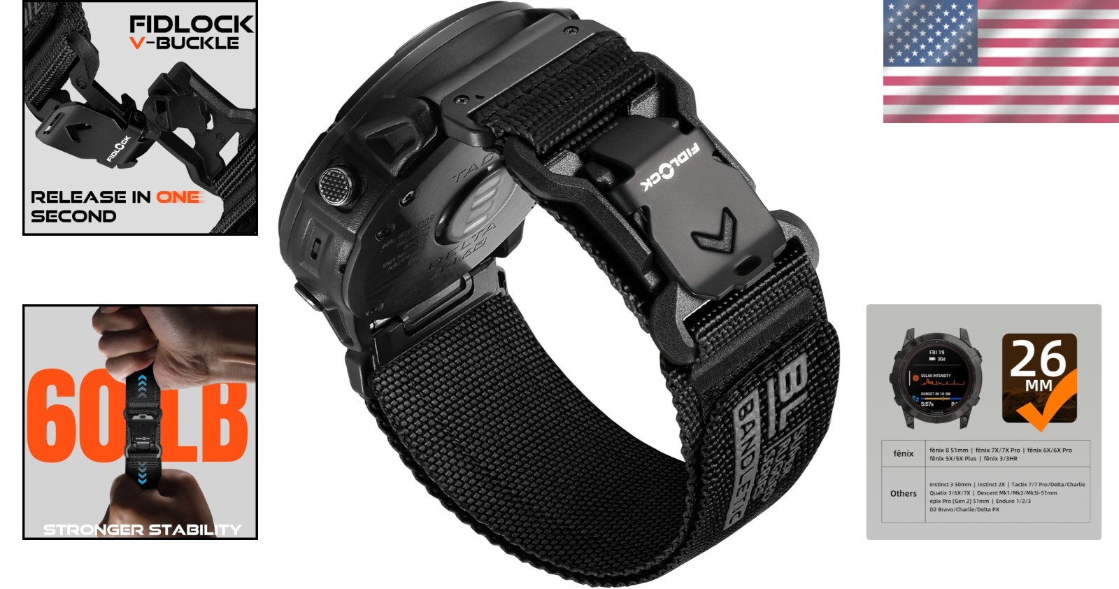 Nylon Watch Band for Garmin Fenix 5X 6X 7X 8 51mm Waterproof Military Strap