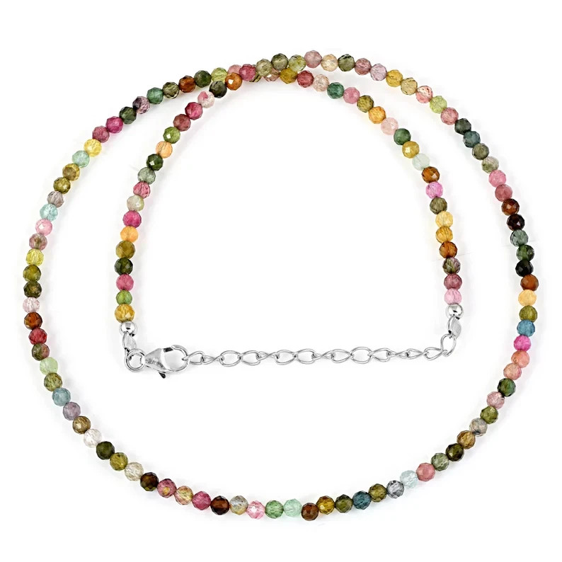 Natural Multi Tourmaline 3mm Round Beaded Necklace 925 Sterling Silver 18″ Gift
