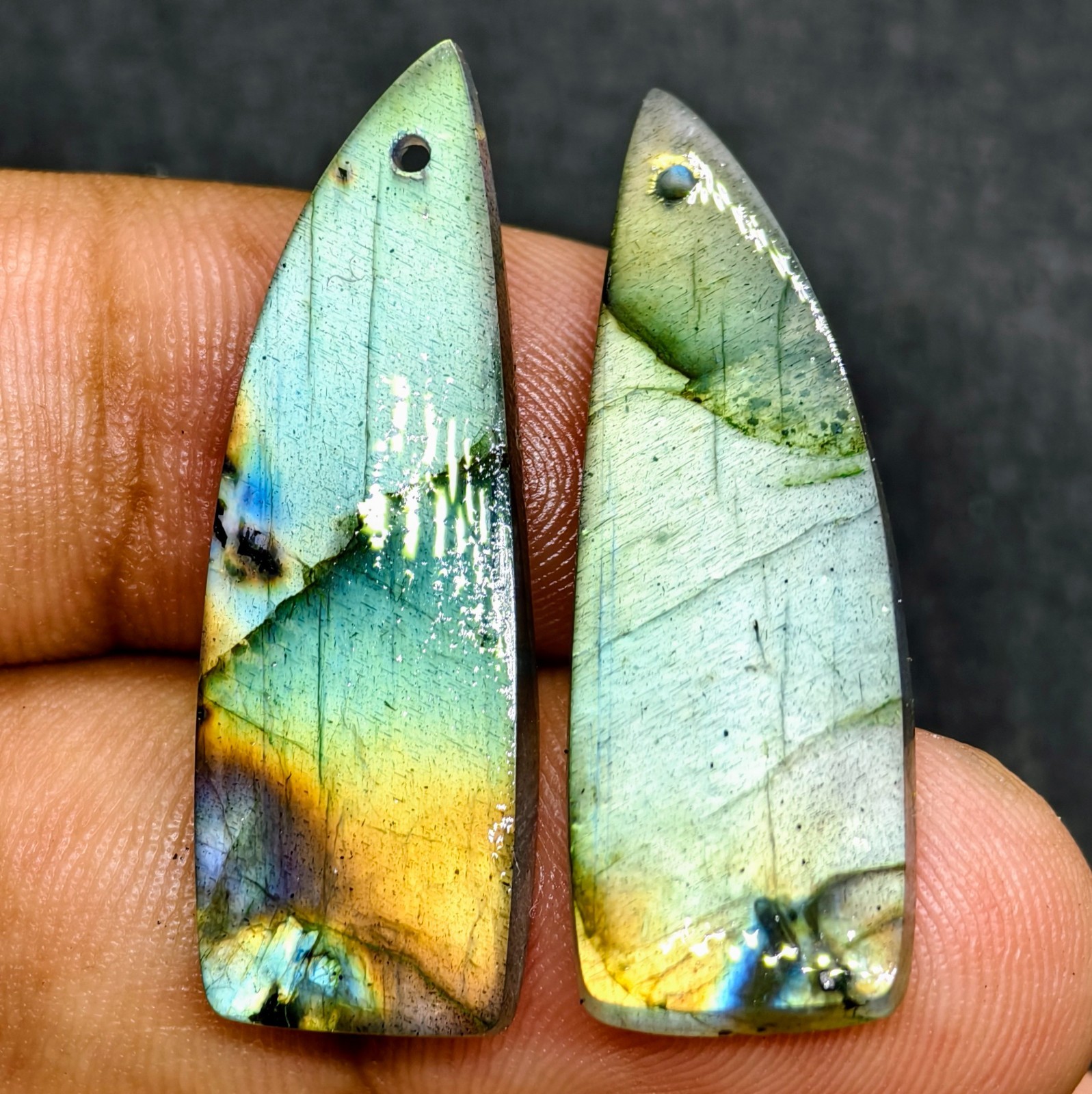26 Cts Natural Labradorite Drilled Match Pair Cabochon Gemstone 33.9 X 11.6 MM