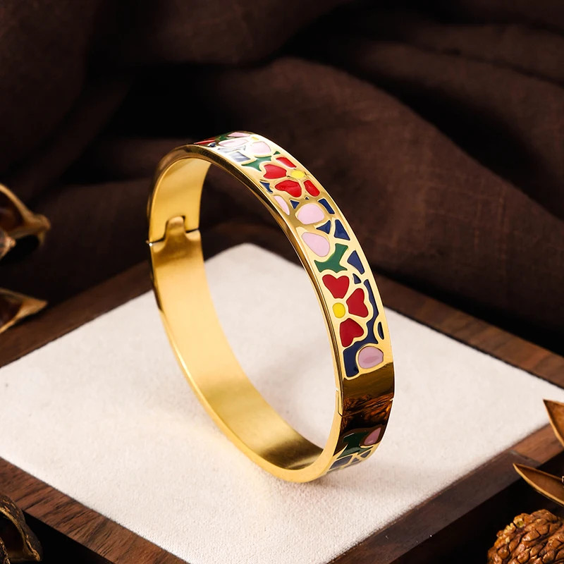 Stainless Steel Enamel Cuff Bangle Women Gold Tone Geometric Round Jewelry