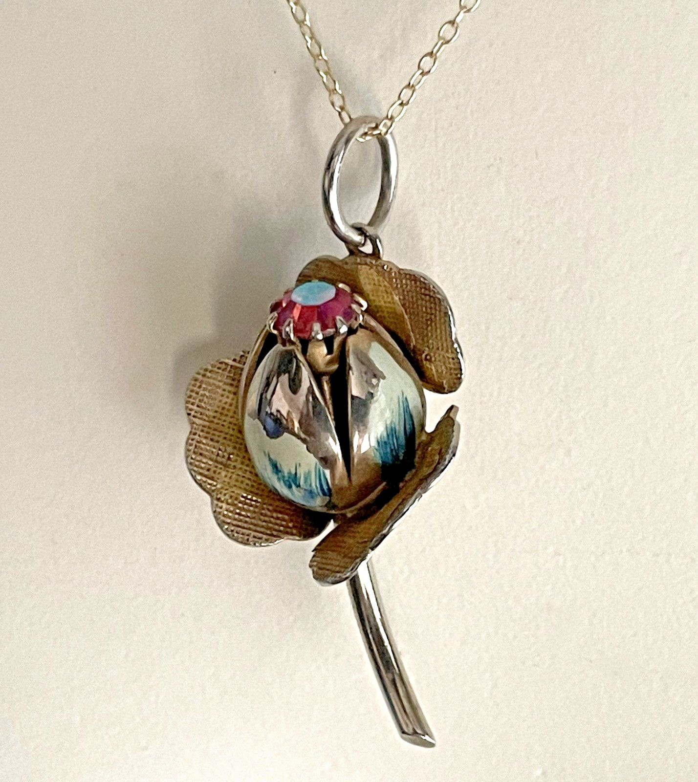 Vintage Metal Enameled Floral Pendant with Rhinestone and 925 Cable Chain.