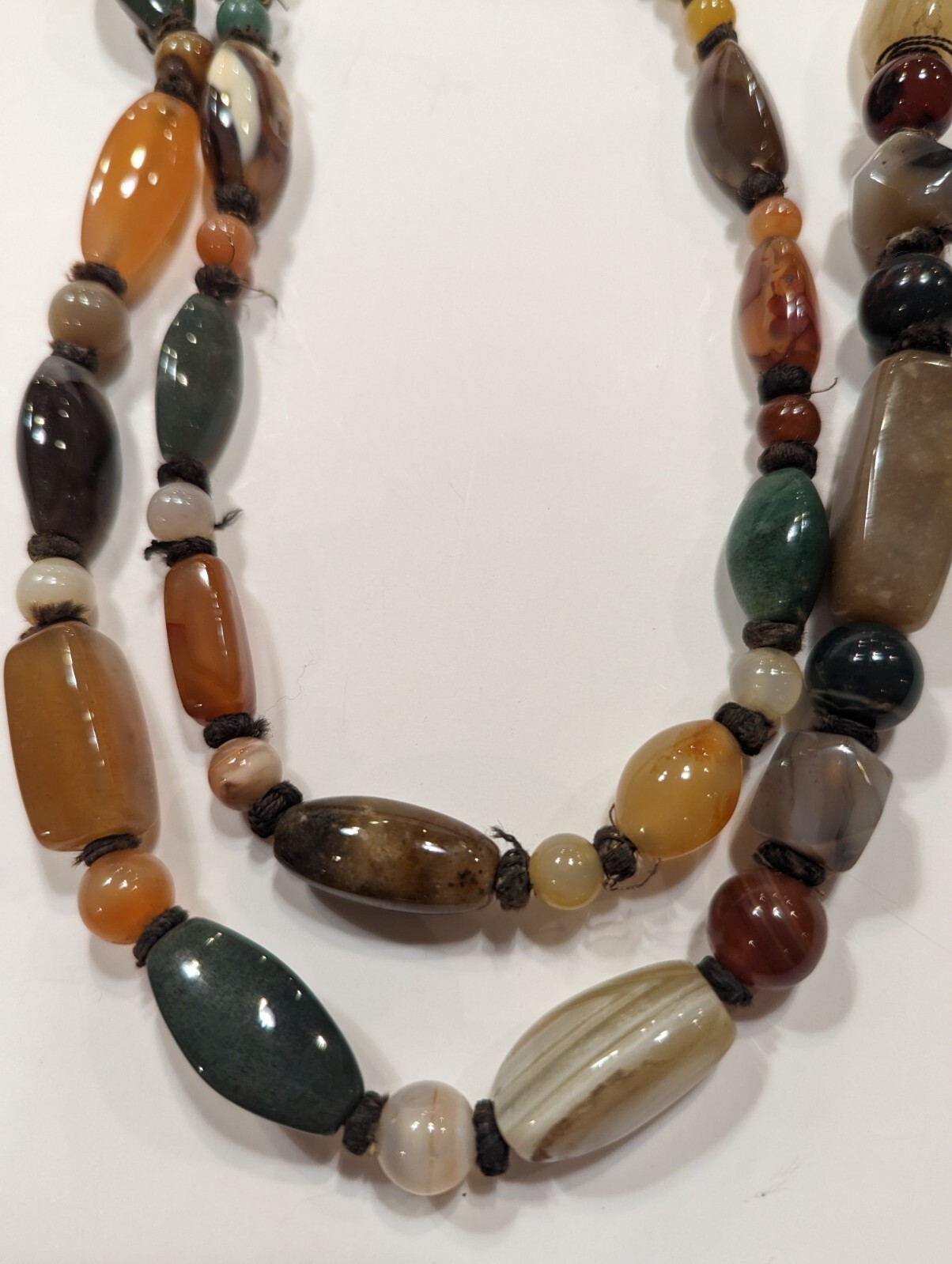 Semi Precious Polished Agate 54″ Necklace Hand Knotted Southeast Asia VNTG 1960s