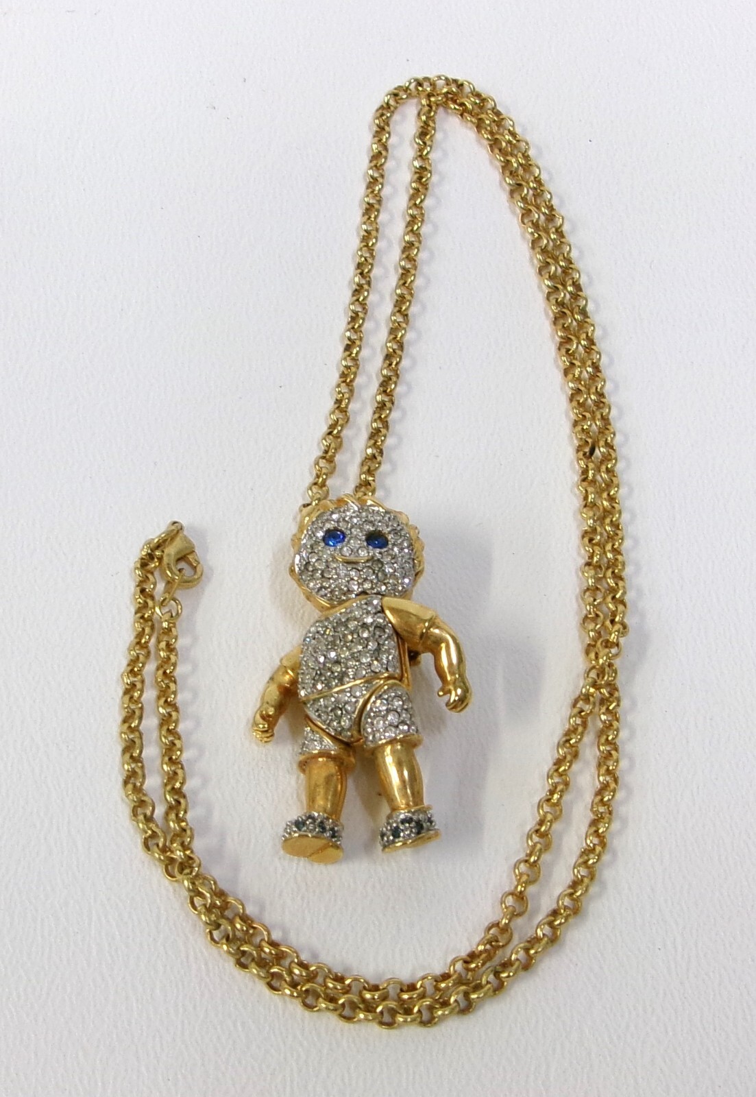 PJM Gold Tone Rhinestone Articulated Little Boy Pendant Brooch on 22″ Necklace