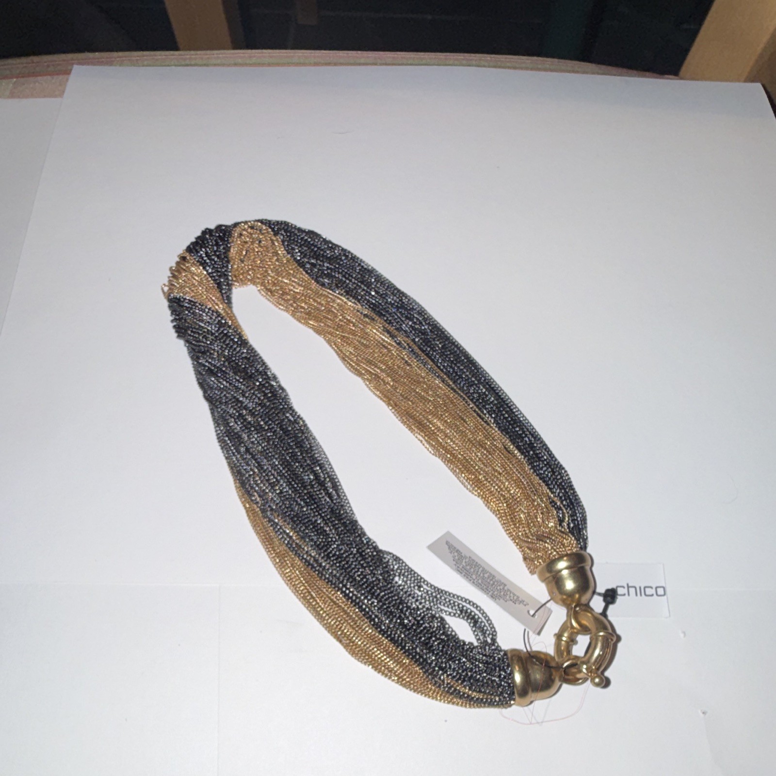 Chico’s Gold/Black Mesh Chain Statement Necklace Metal Ring Closure
