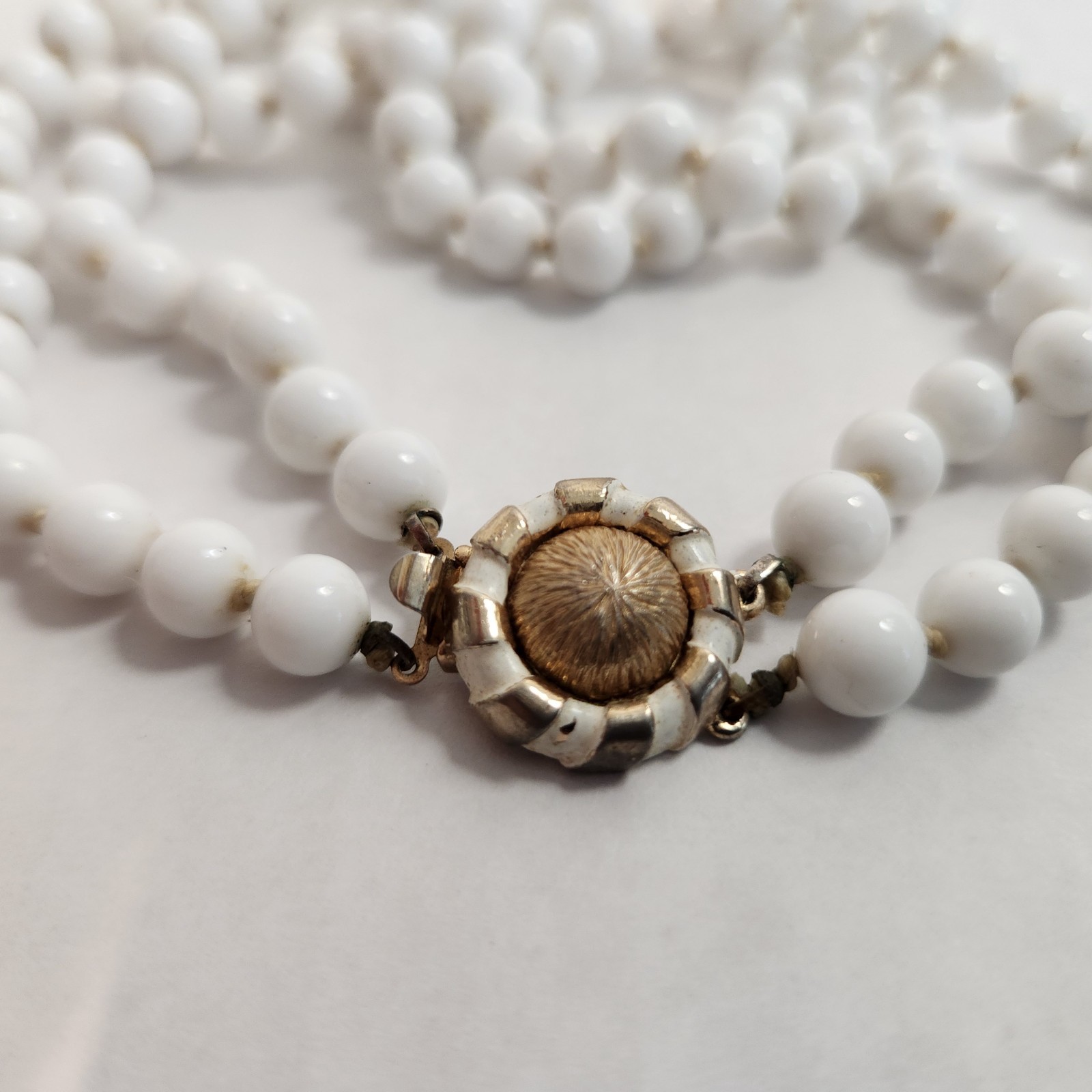 VTG Marvella Knotted Milk Glass Beaded Necklace Multi Strand Gold Sunburst Clasp