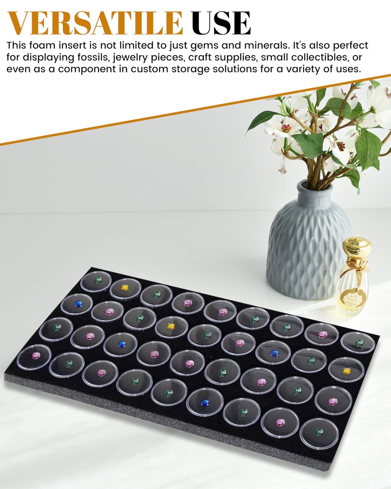 New 50 Black Foam Gem Jars Gemstone Jewelry Storage Display Tray Insert