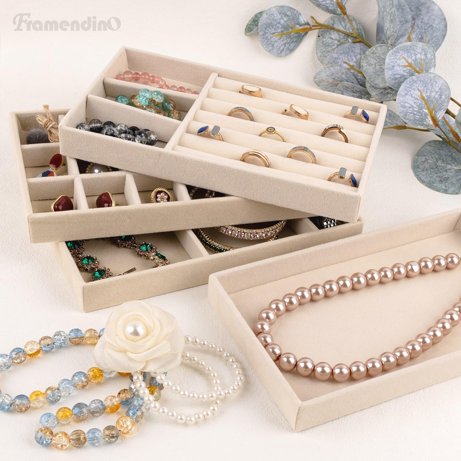 Framendino, 4 Pack Beige Velvet Jewelry Trays Stackable Organizer Drawer Inse…