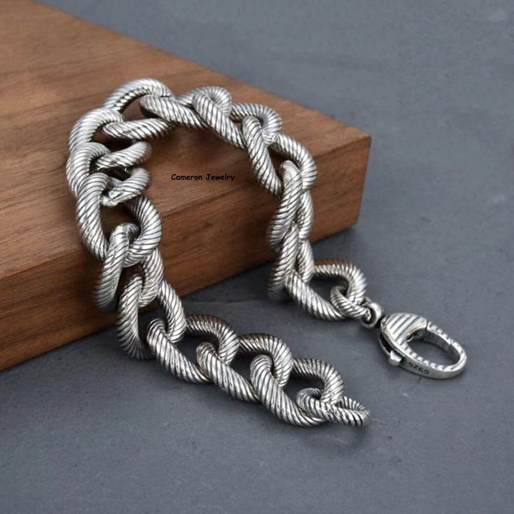 Pure S925 Sterling Silver Bracelet 14mm Feather Curb Link Chain 7.1-8.7inch