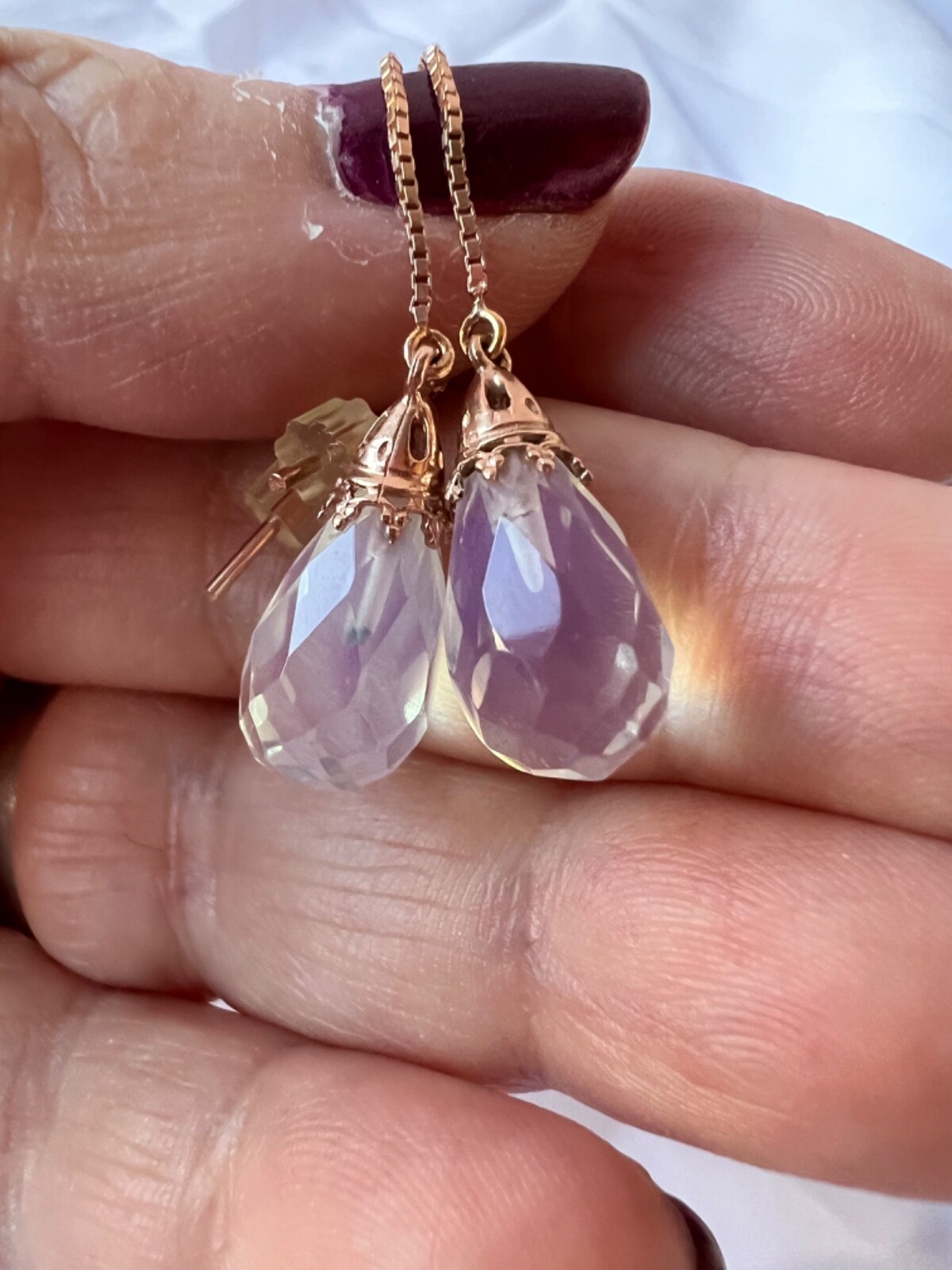14K PINK ROSE GOLD MOONSTONE THREADER PULL THROUGH CHAIN DANGLE DROP EARRINGS
