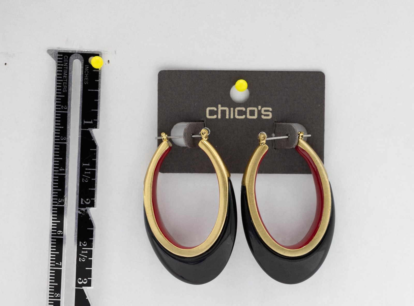 Chico’s black red and gold-tone dangle hoop earrings New