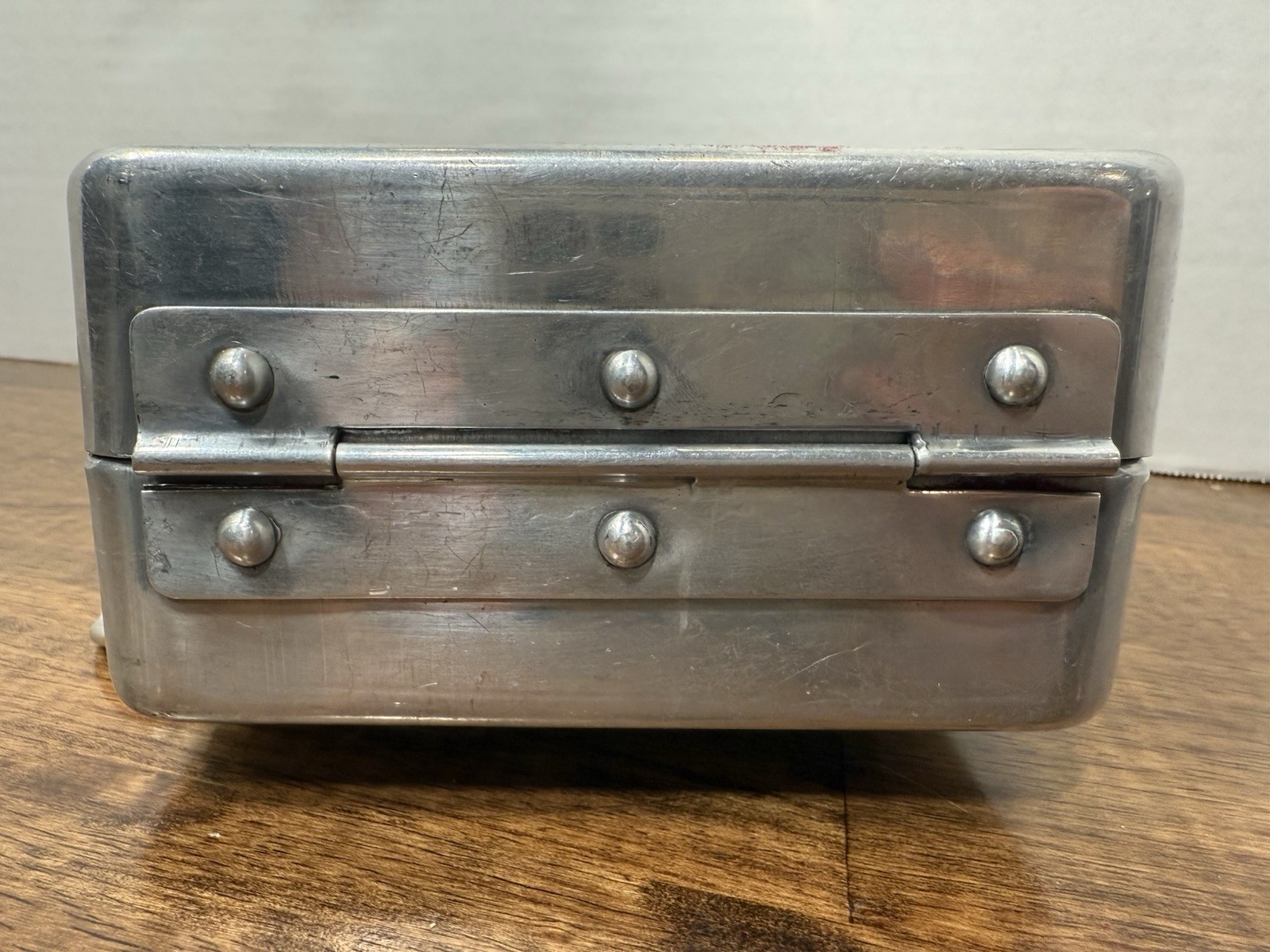 Silver Aluminum Rectangular Jewelry Box, Hinged Lined Interior, Chain Handle