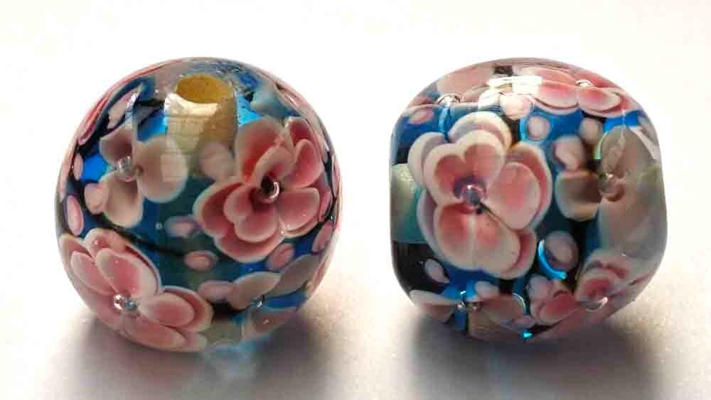 10pcs handmade Lampwork glass beads glass Pink Plum on blue 14mm