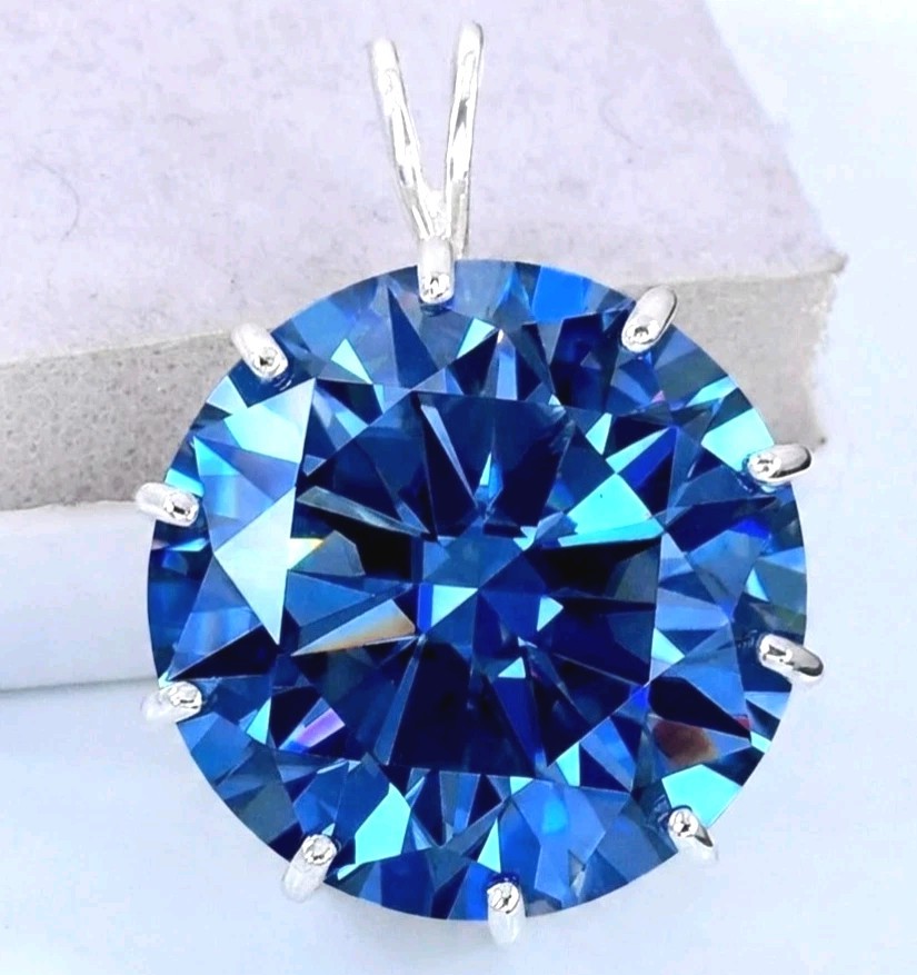 925 Silver, Azure Blue Diamond Solitaire Pendant, Rare 17 Ct Certified Treated