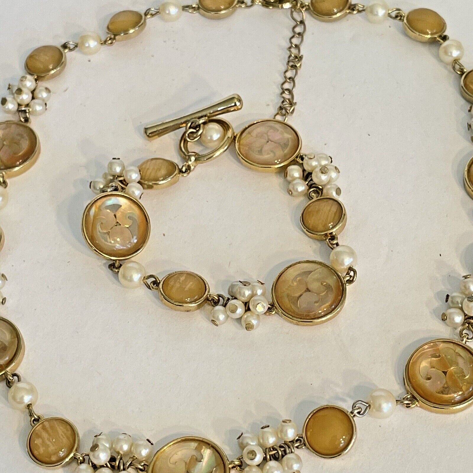Demi Parure Pearl Amber Asian Resin Circle Necklace Moon Glow Open Work Set