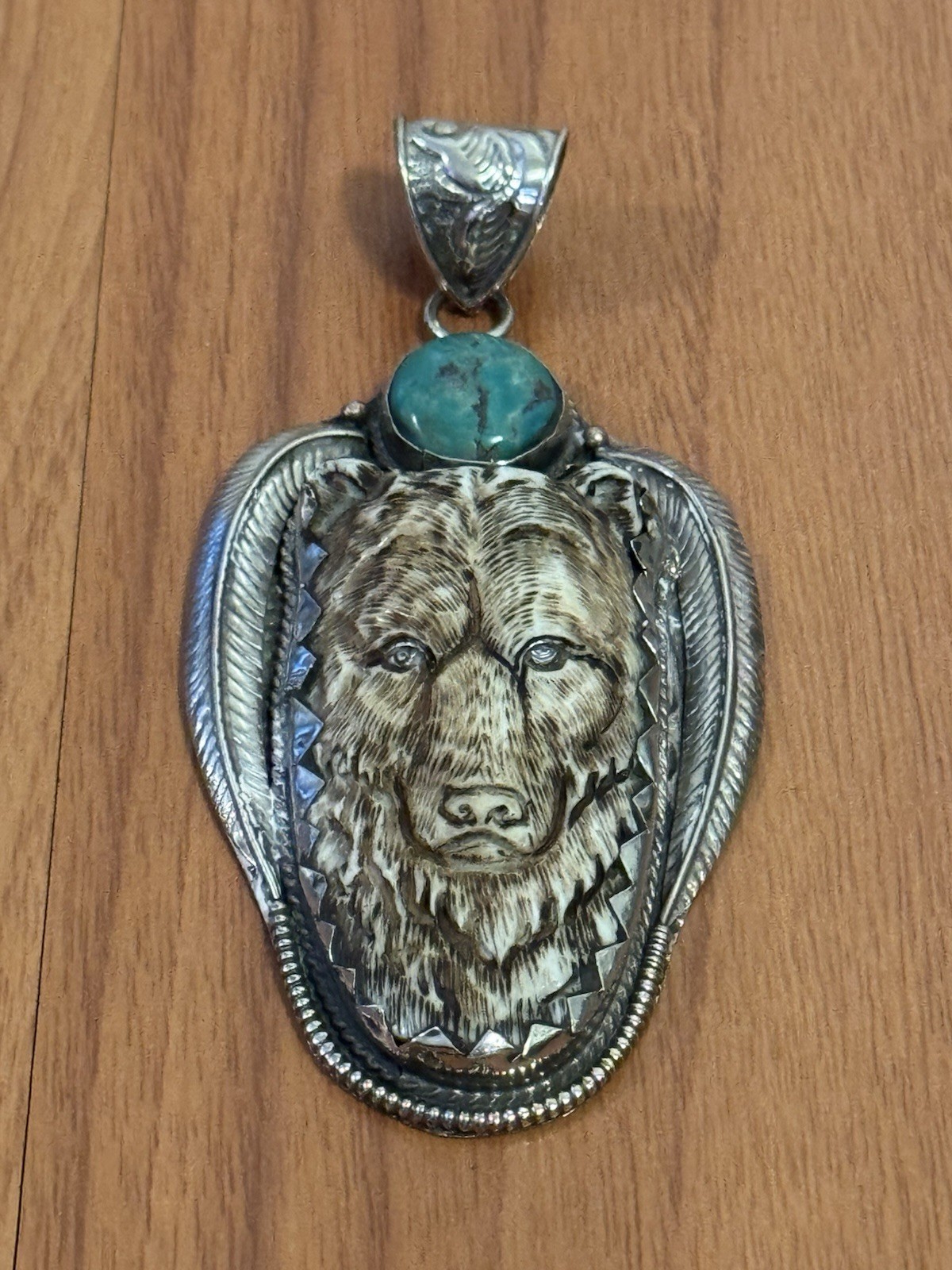 Hand Carved & Handmade Large Bone Pendant,Bear Face Art,Turquoise & Silver 58 gr