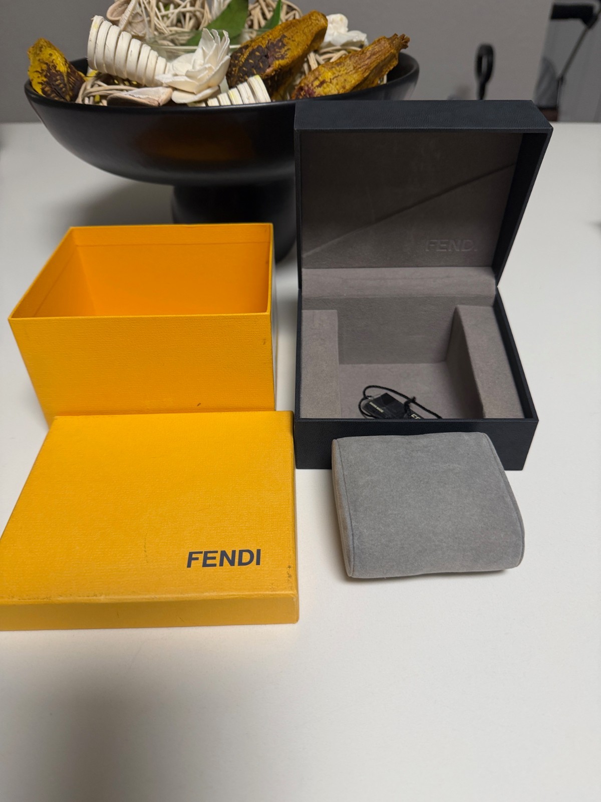 Fendi Jewelry Box Yellow/Black/Gray Velvet Lined Square 5x5x2.5 in