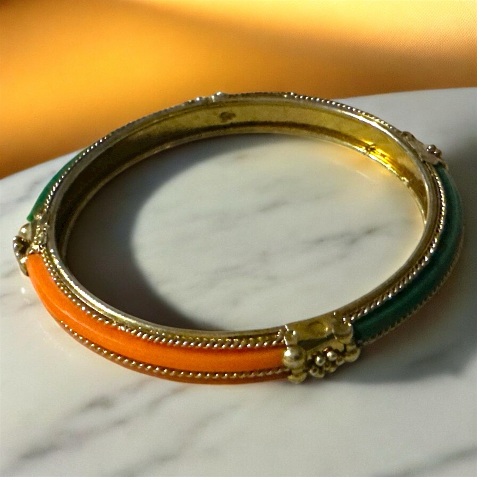 Vintage Jaipur Resin Inlay Bangle Gold Tone Carnelian Orange & Jade Green