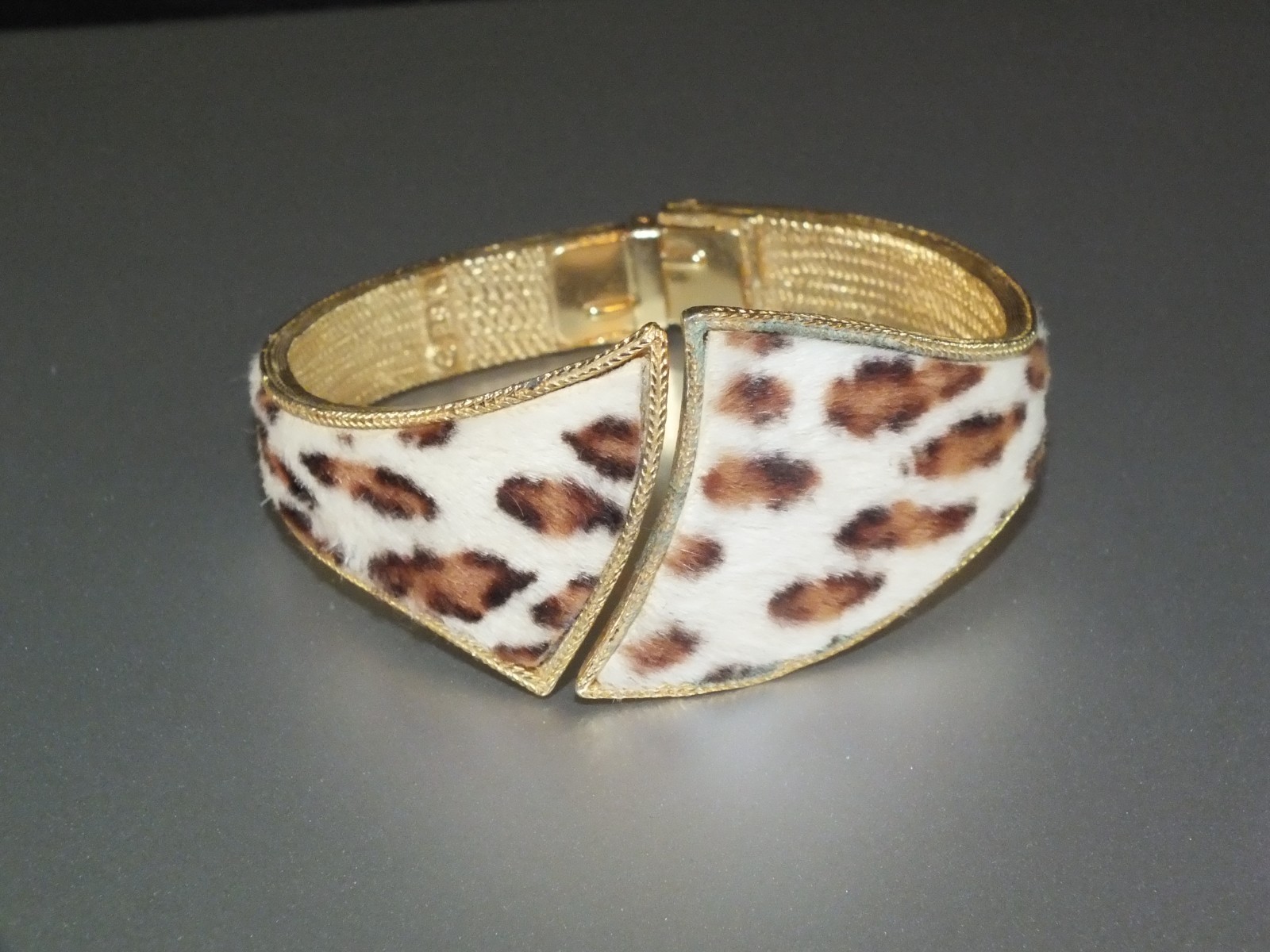 Vintage BSK faux fur ? curved BRACELET CUFF BANGLE gold WHITE BROWN BLACK SPOTS