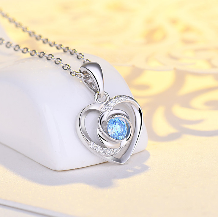 18″ Sterling Silver Blue Diamante Zirconia Heart Love Pendant Necklace Gift A2