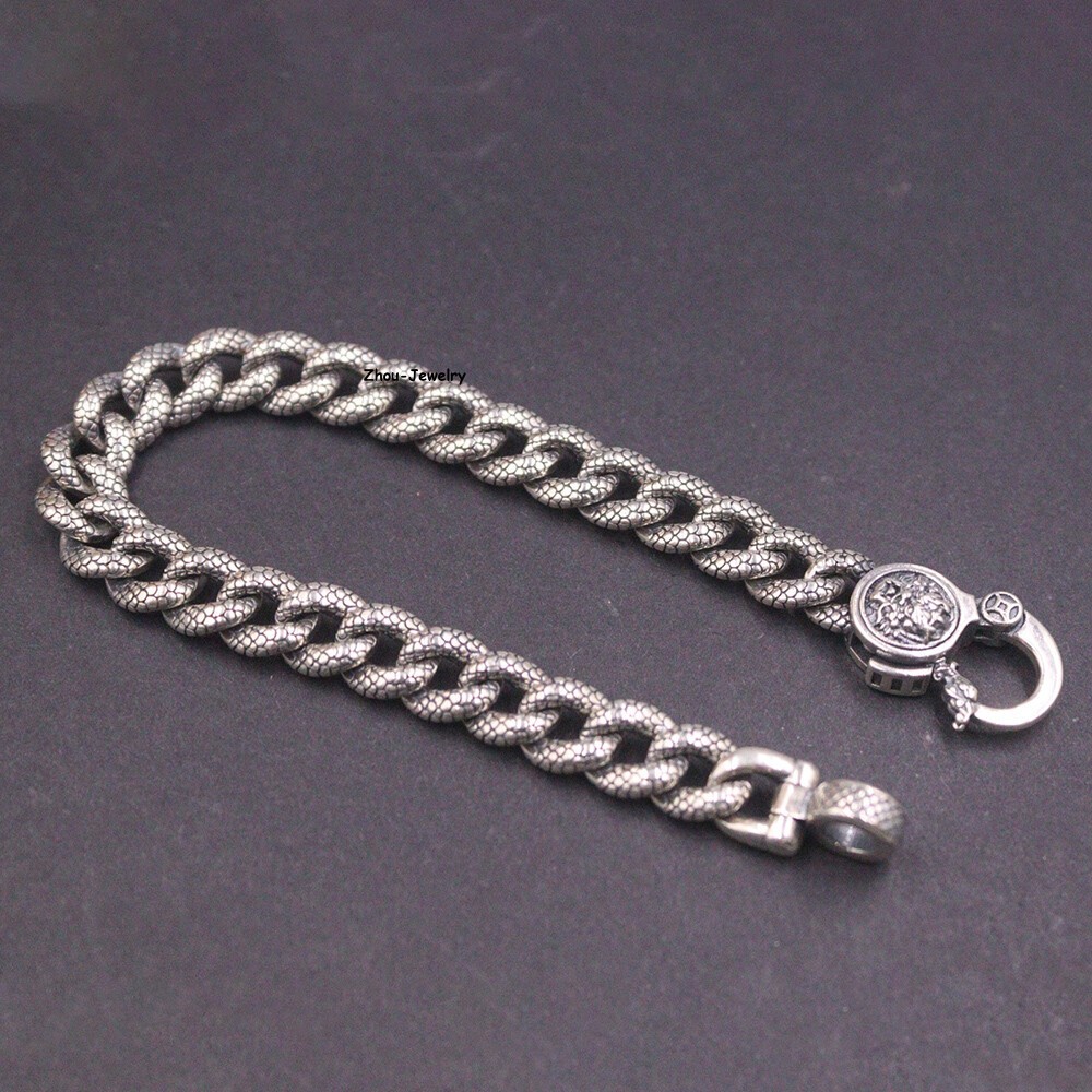 Real S925 Sterling Silver Chain 9mm Dragon Scale Curb Link Bracelet 34-35g 7.9in