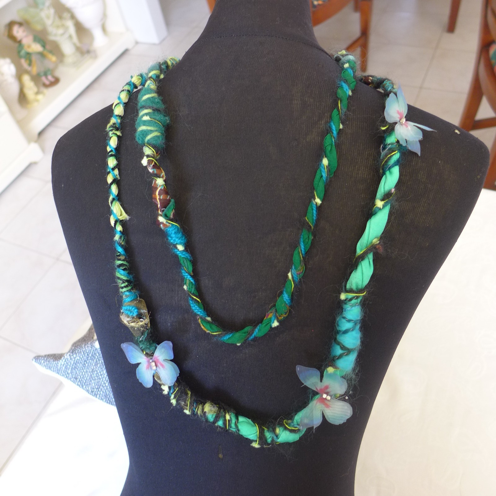 Handmade Fabric Necklace Fiber Art Beads greensDirect From Artist One Of A Kind