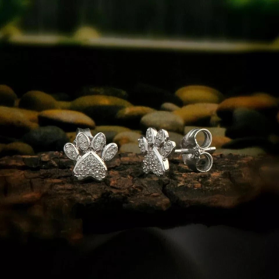 Tiny Paw 1.5Ct Round Created Diamond Cluster Stud Earrings 14K White Gold Plated