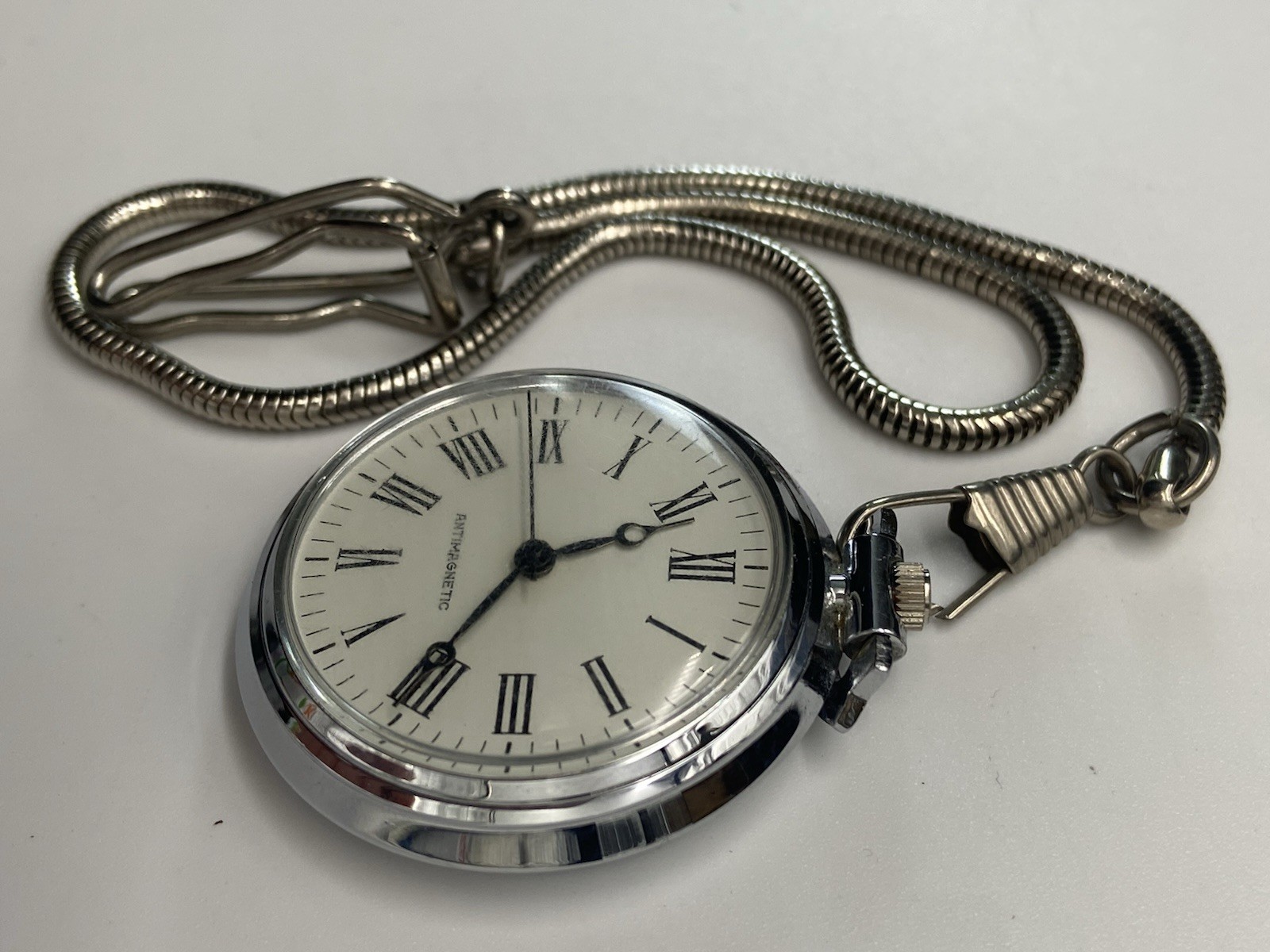 Mechanical Antimagnetic Open Face Pocket Watch Silver Tone Chain “Tested Works”