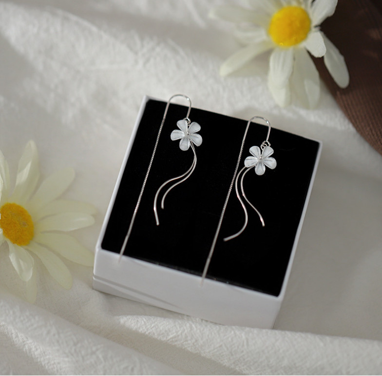 Silver Plated Flower Dangle Drop Pull Through Tassel Threader Earrings PE48