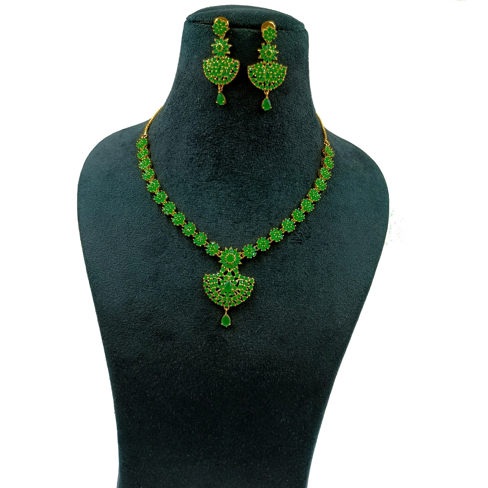 Traditional South Indian 22k Gold Plated Emerald Stone Necklace Set